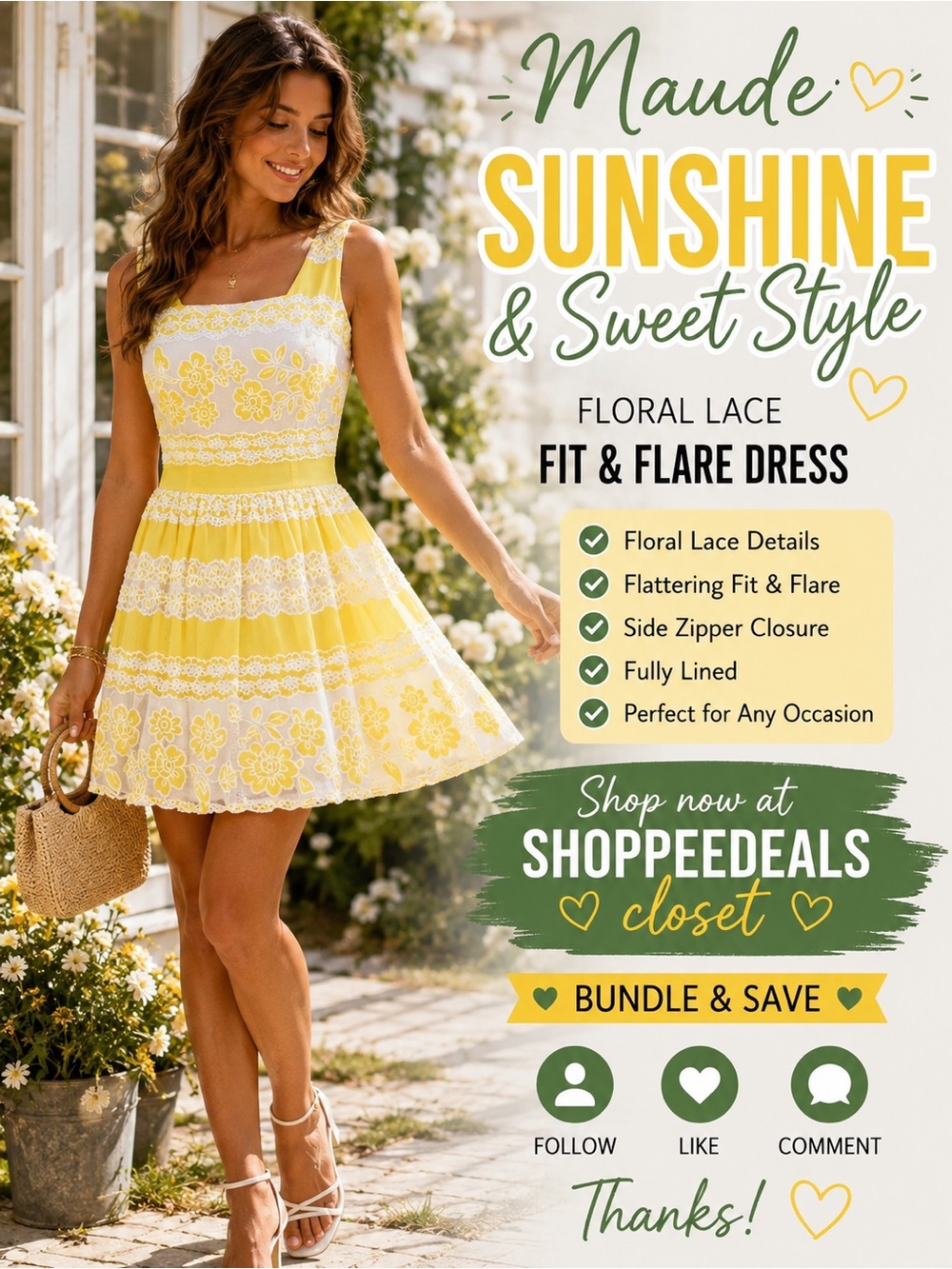 Maude Yellow & White Floral Lace Fit & Flare Mini Dress – Women’s Medium